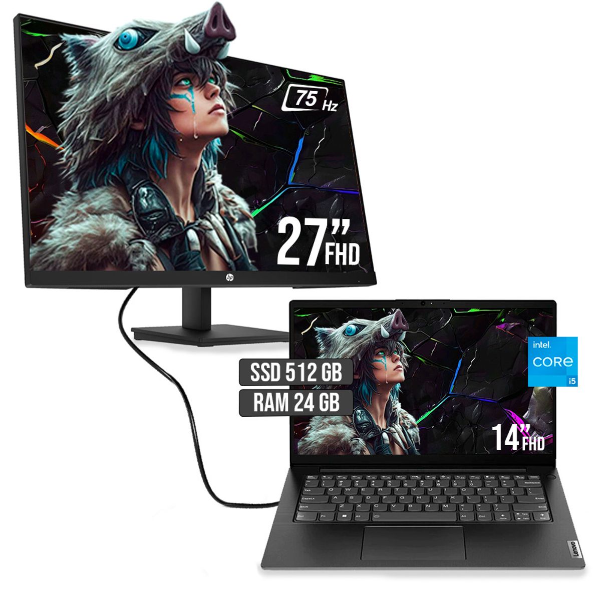 Lenovo - PORTATIL LENOVO INTEL CORE I5 13420H SSD 512GB RAM 24GB LED 14" + MONITOR HP 27 FHD