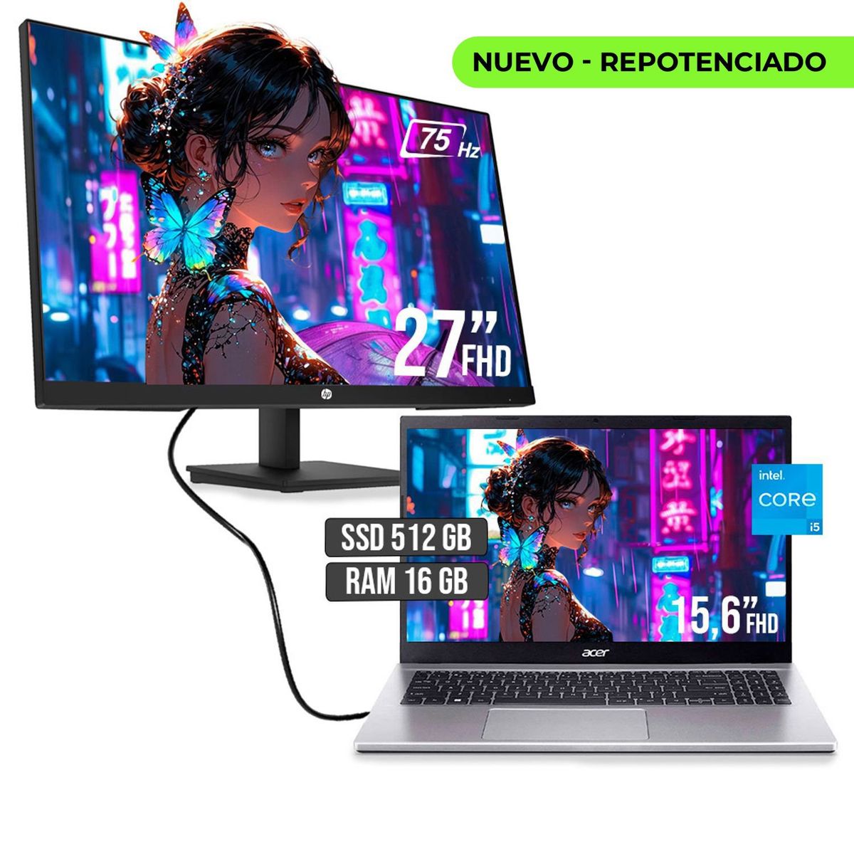 ACER - PORTATIL ACER INTEL CORE I5 1235U SSD 512GB RAM 16GB LED 15,6 + MONITOR HP 27 FHD