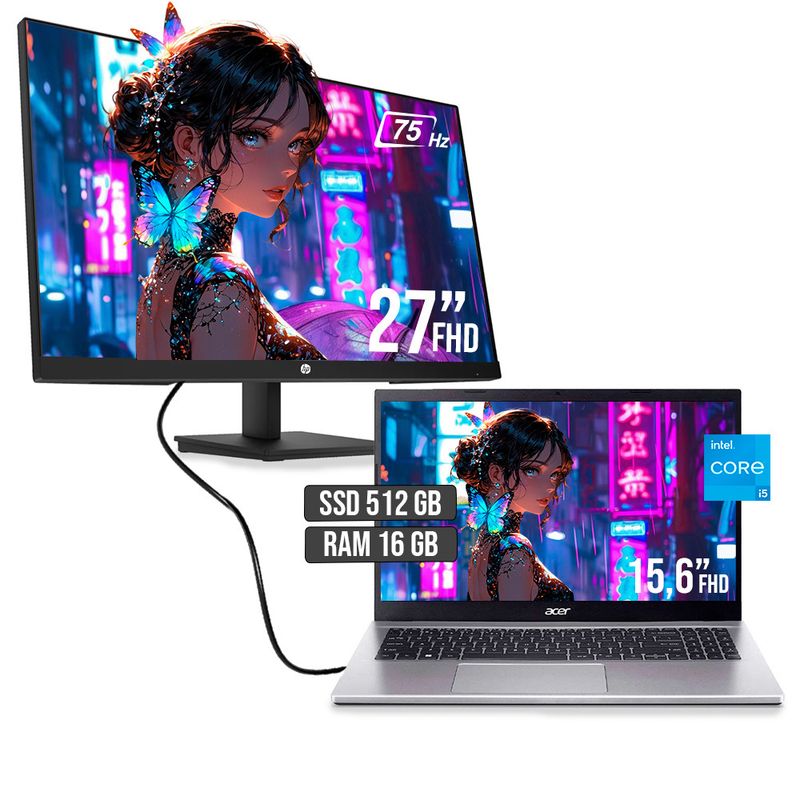 ACER - PORTATIL ACER INTEL CORE I5 1235U SSD 512GB RAM 16GB LED 15,6 + MONITOR HP 27 FHD