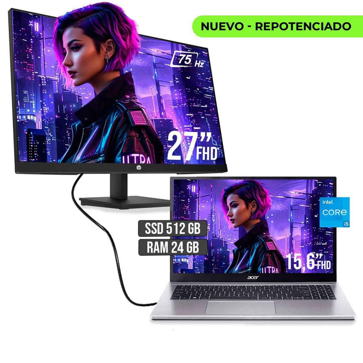 ACER - PORTATIL ACER INTEL CORE I5 1235U SSD 512GB RAM 24GB LED 15,6 + MONITOR HP 27 FHD