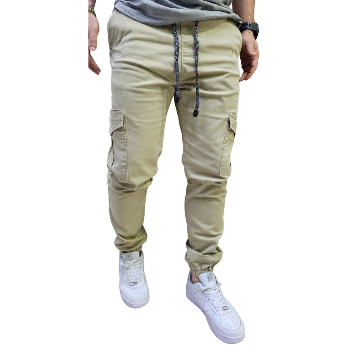RAMBED - PANTALON CARGO BEIGE HOMBRE EN DRIL RESORTE EN BOTA