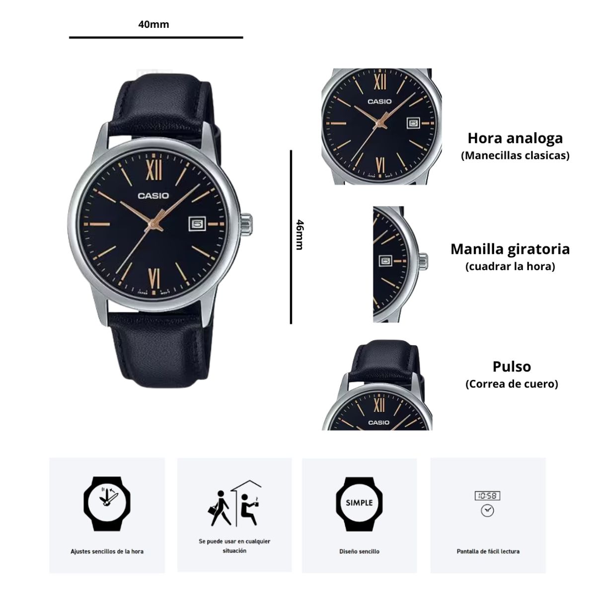 CASIO - Reloj Casio MTP-V002L-1B3 Diseño Sencillo