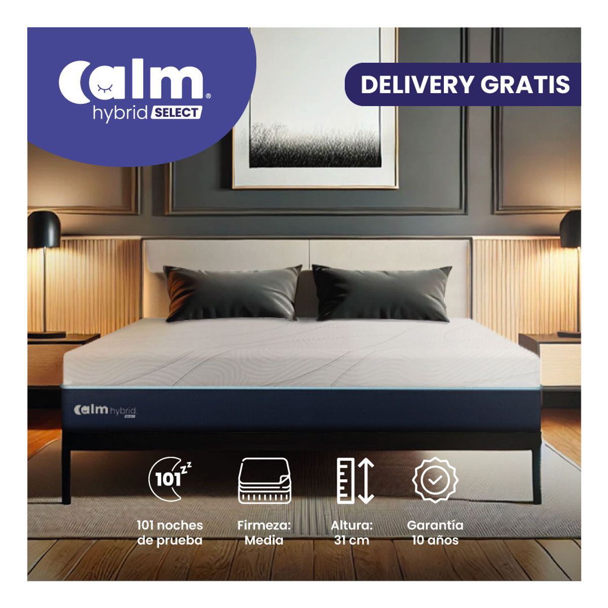 CALM - Colchón Calm Hybrid Select Queen Ortopédico con Resortes Pocket