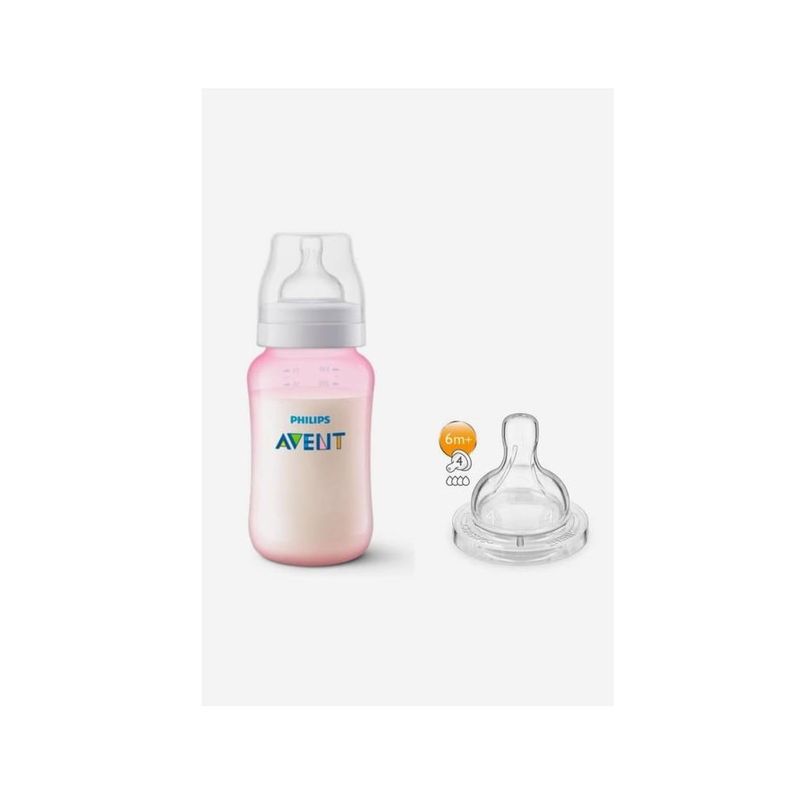 AVENT - Tetero Classic 11 Oz Rosado + Tetina De Regalo 6 Meses