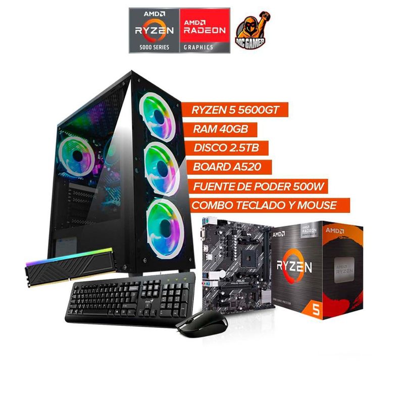AMD - Torre Gamer Ryzen 5 5600GT / 40GB RAM / 2.5TB / Board A520 / Fuente 500W