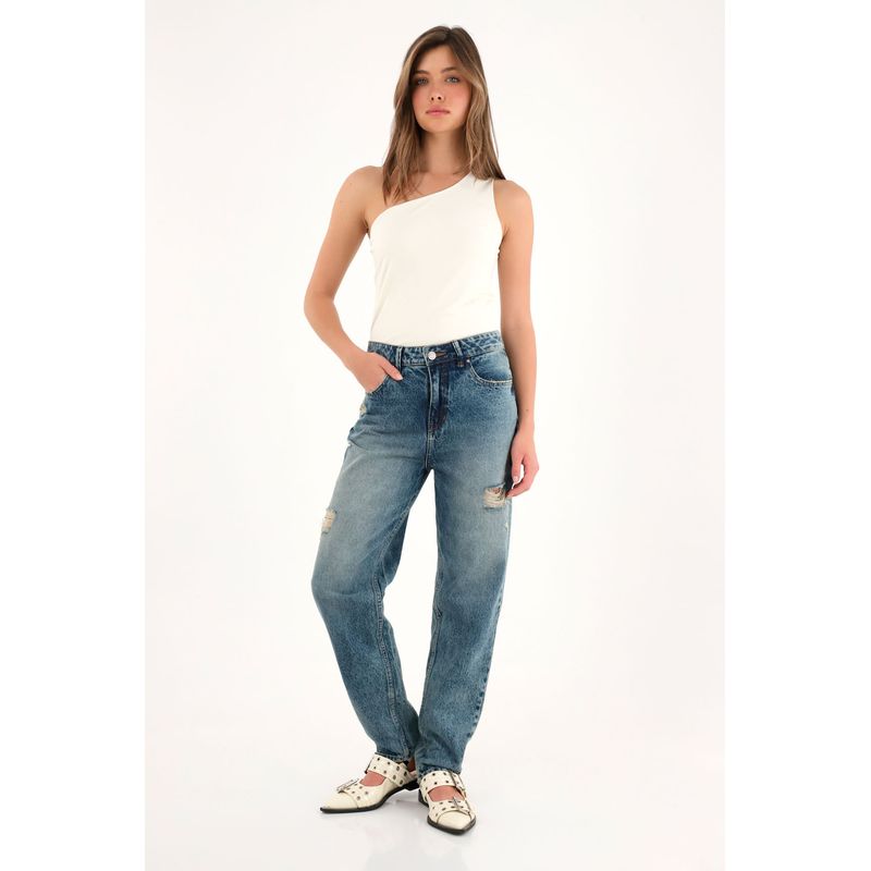 TENNIS - Jean Mom tiro alto con rotos para mujer