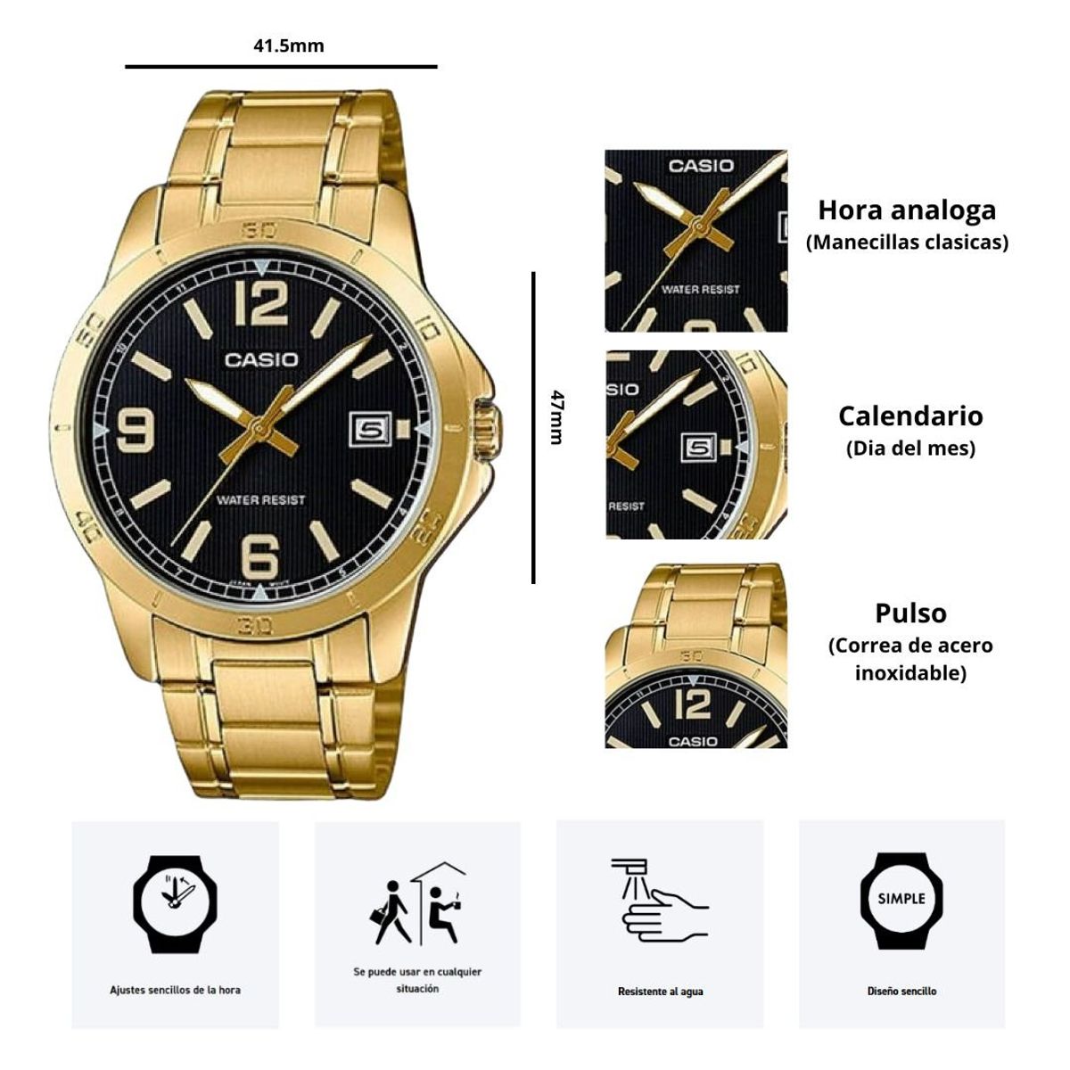 CASIO - Reloj Casio Modelo MTP-V004G-1B Diseño Elegante