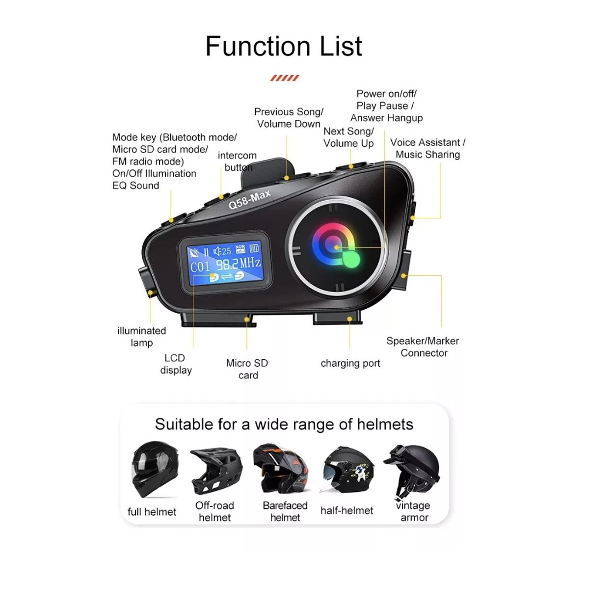 GENERICO - Intercomunicador Moto Q58 Max Con Pantalla Negro
