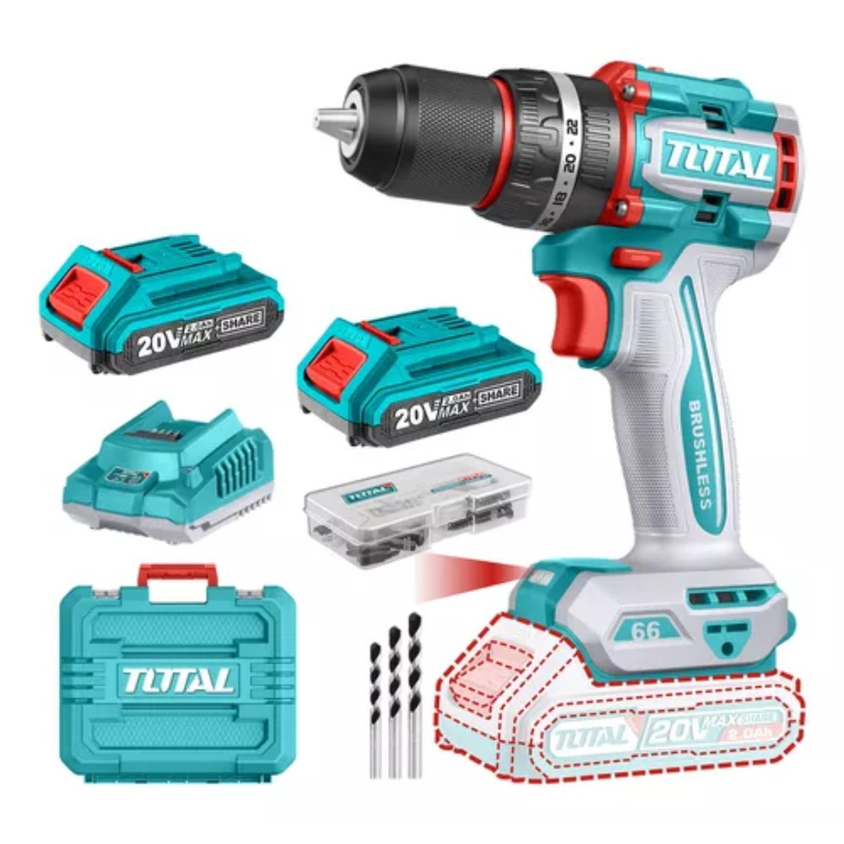 TOTAL - Taladro Percutor 66nm Incluye 2 baterias 2ah + Cargador + 47 accesorios industrial total