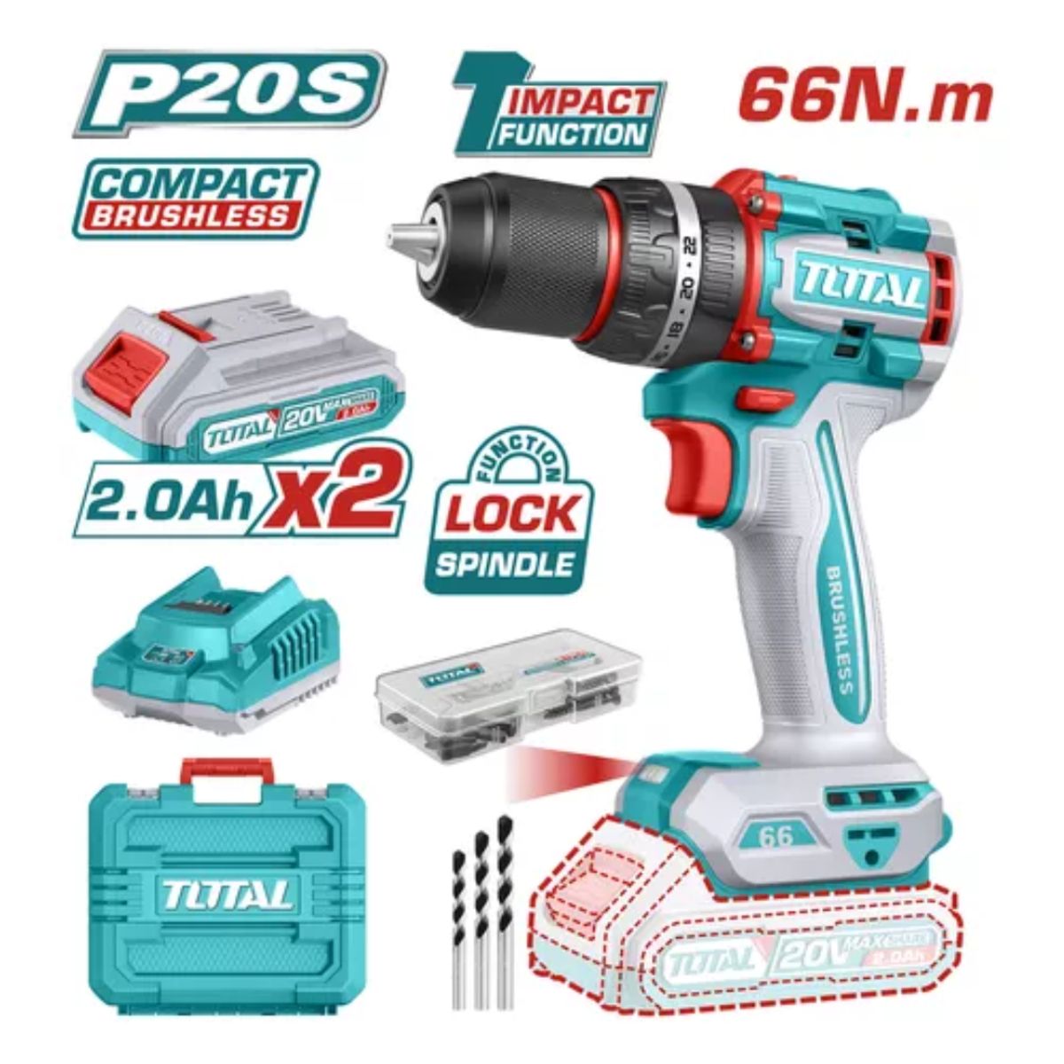 TOTAL - Taladro Percutor 66nm Incluye 2 baterias 2ah + Cargador + 47 accesorios industrial total