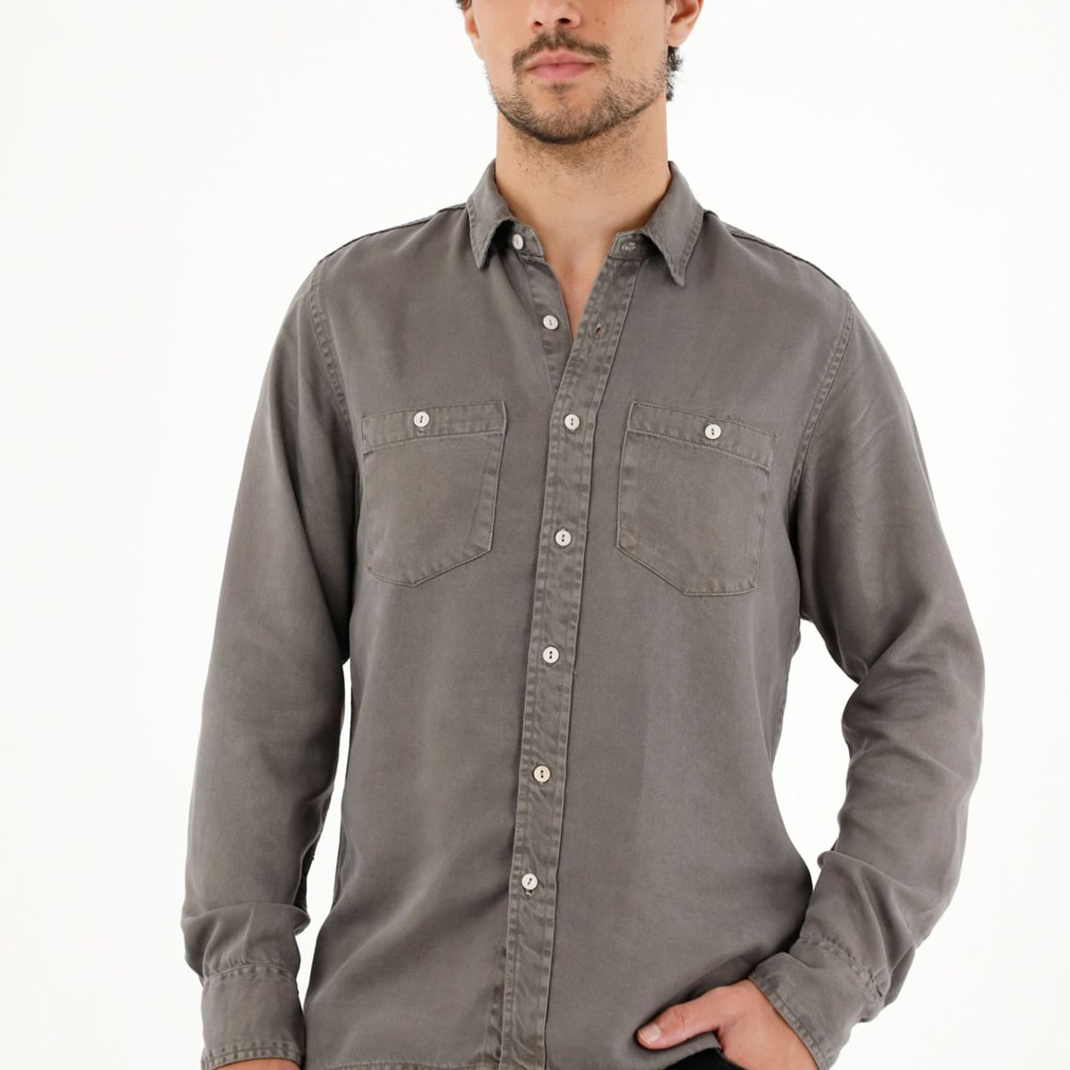 TENNIS - Camisa clásica gris con bolsillos delanteros para hombre