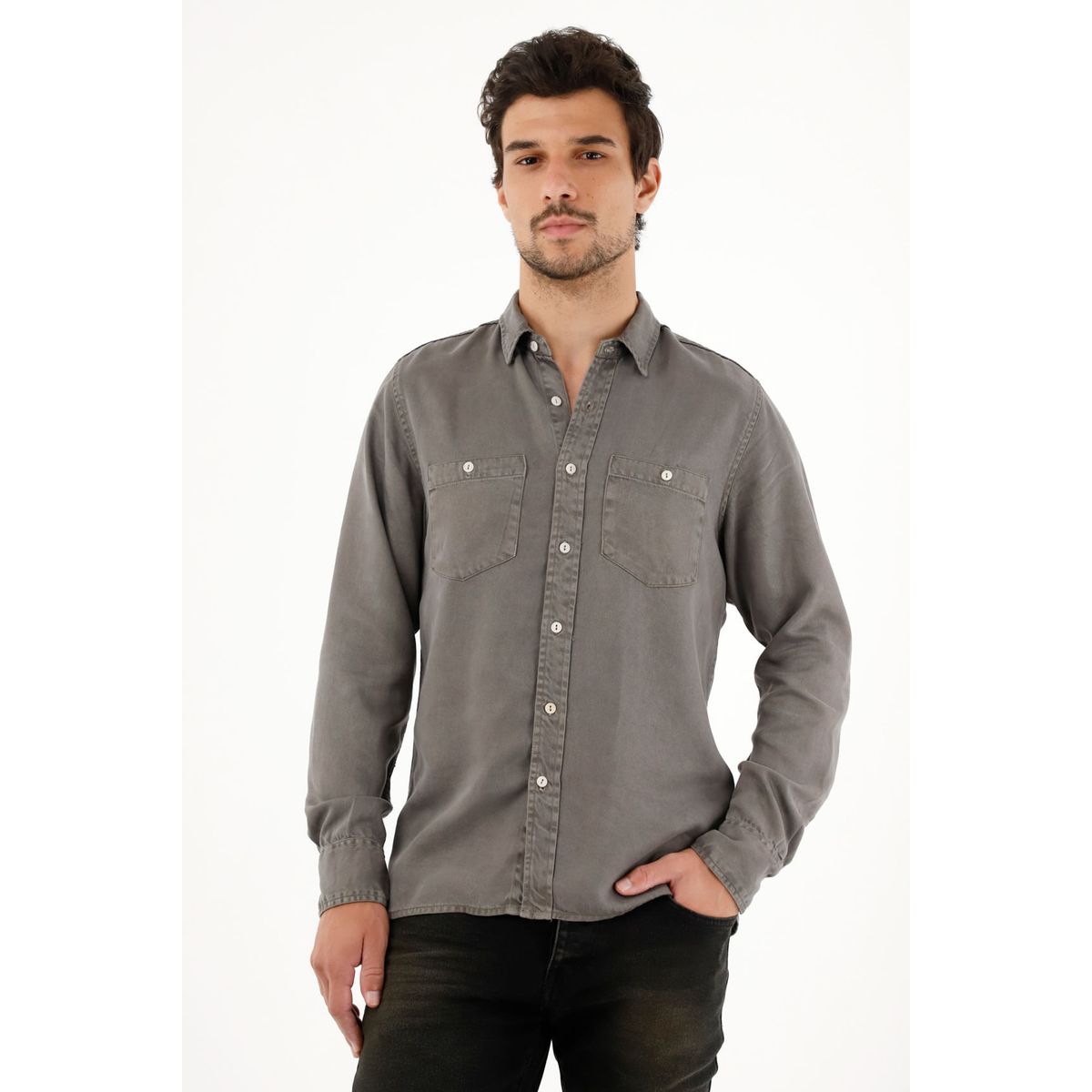 TENNIS - Camisa clásica gris con bolsillos delanteros para hombre