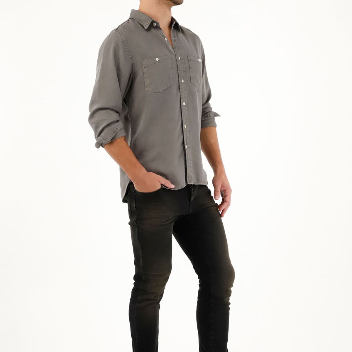 TENNIS - Camisa clásica gris con bolsillos delanteros para hombre