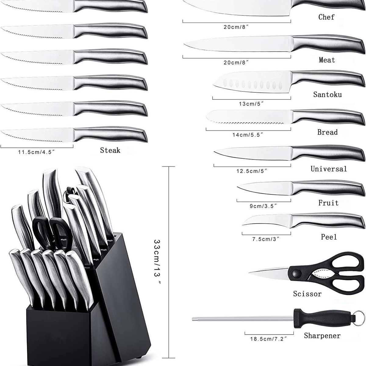 GENERICO - Juego Cuchillos Cocina Set 15 Piezas Acero Inoxidable Base De Madera Premium