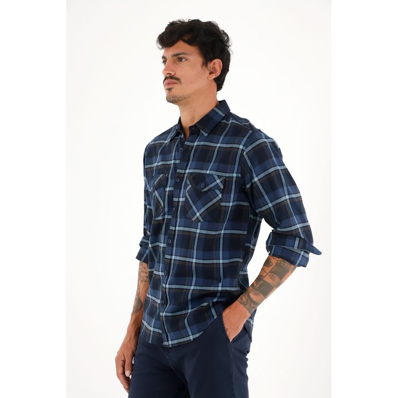 TENNIS - Camisa leñadora con botones en madera azul para hombre