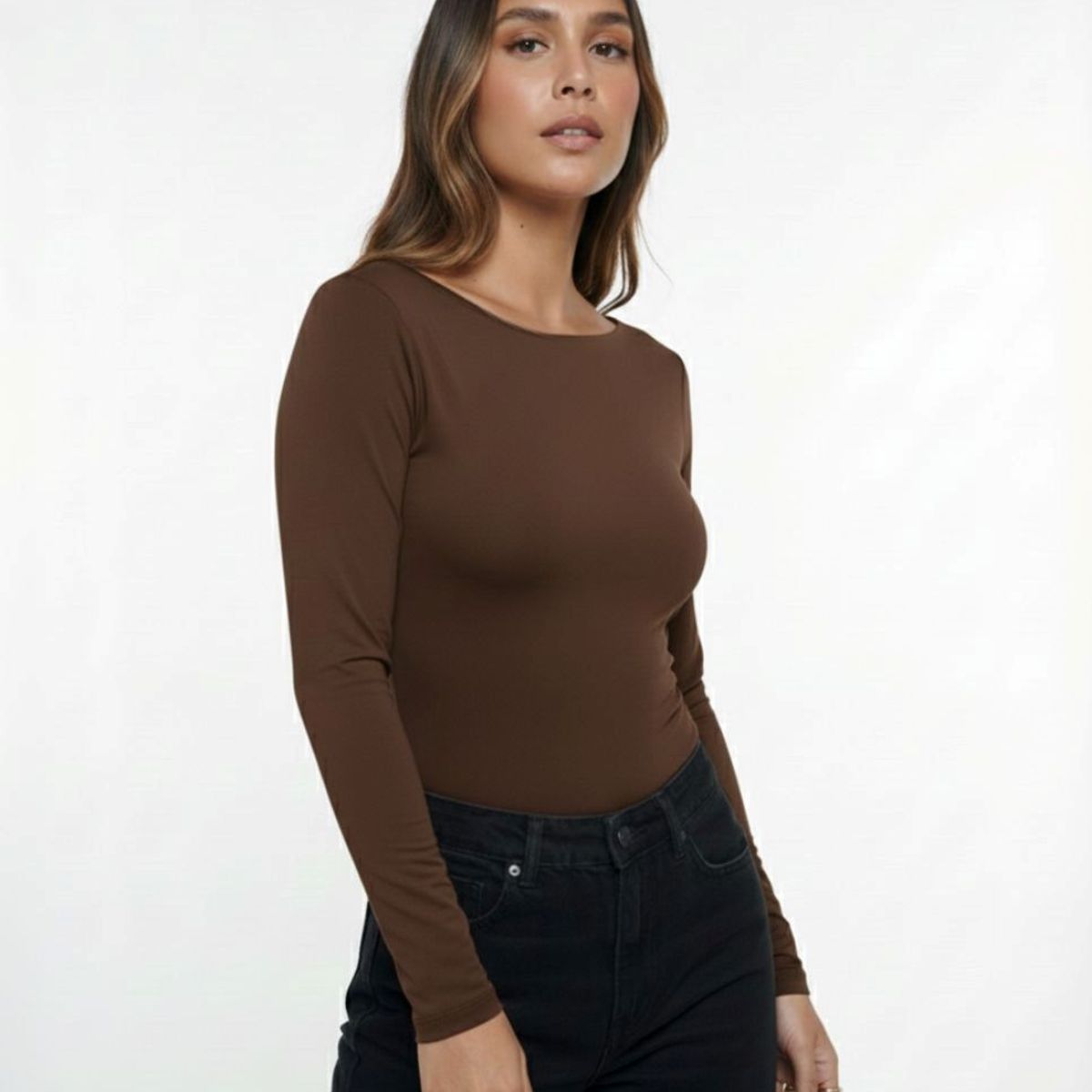 MOLGOA - Body para Mujer Cuello Redondo Manga Larga - Rebeca Mocca