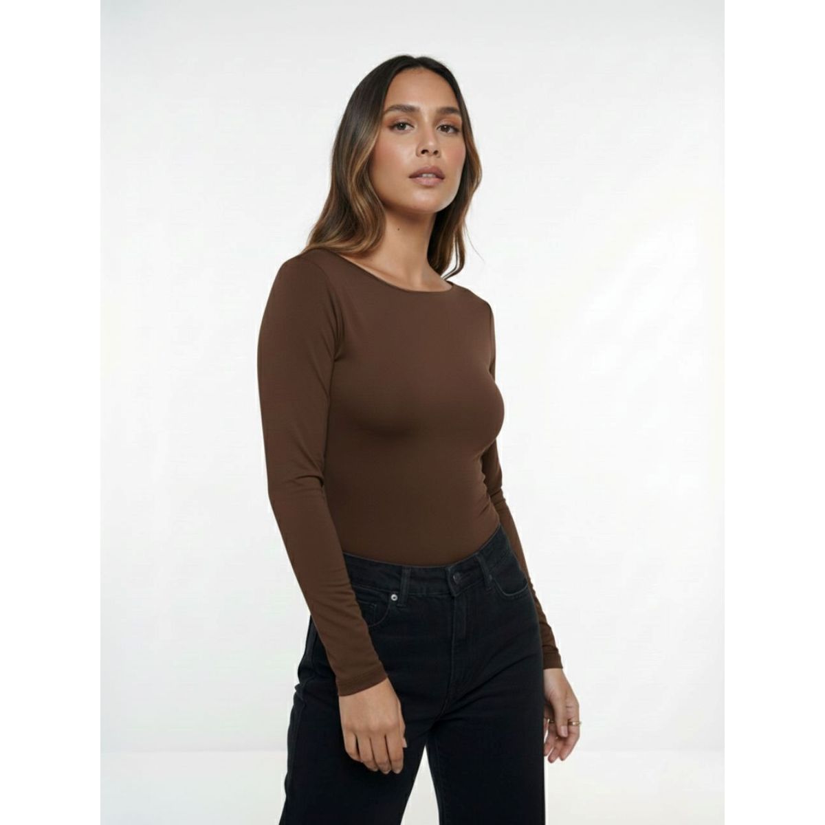 MOLGOA - Body para Mujer Cuello Redondo Manga Larga - Rebeca Mocca
