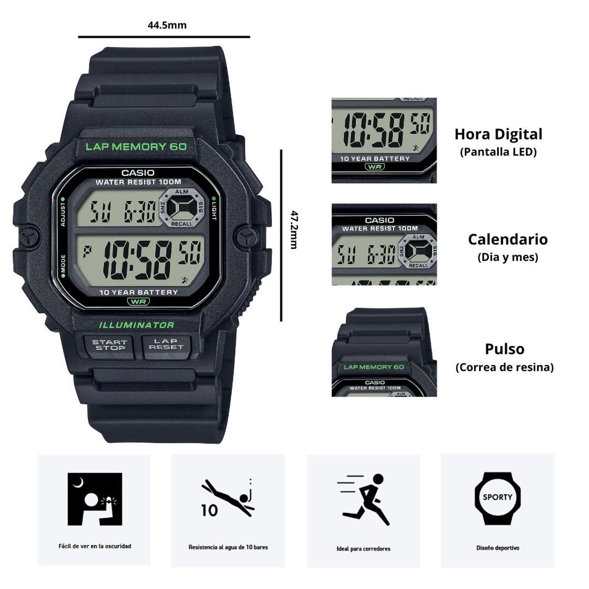 CASIO - Reloj Casio Modelo WS-1400H-1A Diseño Deportivo