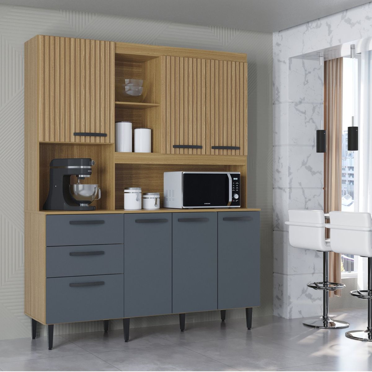 AKIVOY - Alacena Mueble Auxiliar Cocina Catarina Acanalada Damasco Gris 160cm