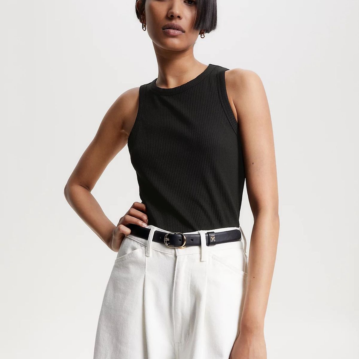 TOMMY HILFIGER - Camiseta negra acanalada sin mangas de corte slim Tommy Hilfiger