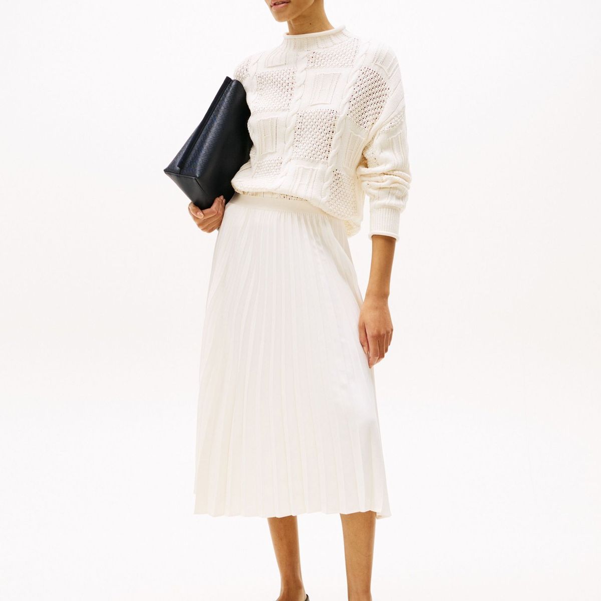 TOMMY HILFIGER - Falda blanco midi plisada con logo en cintura Tommy Hilfiger