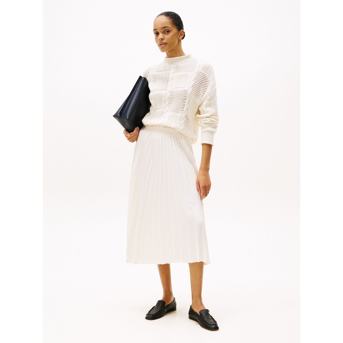 TOMMY HILFIGER - Falda blanco midi plisada con logo en cintura Tommy Hilfiger