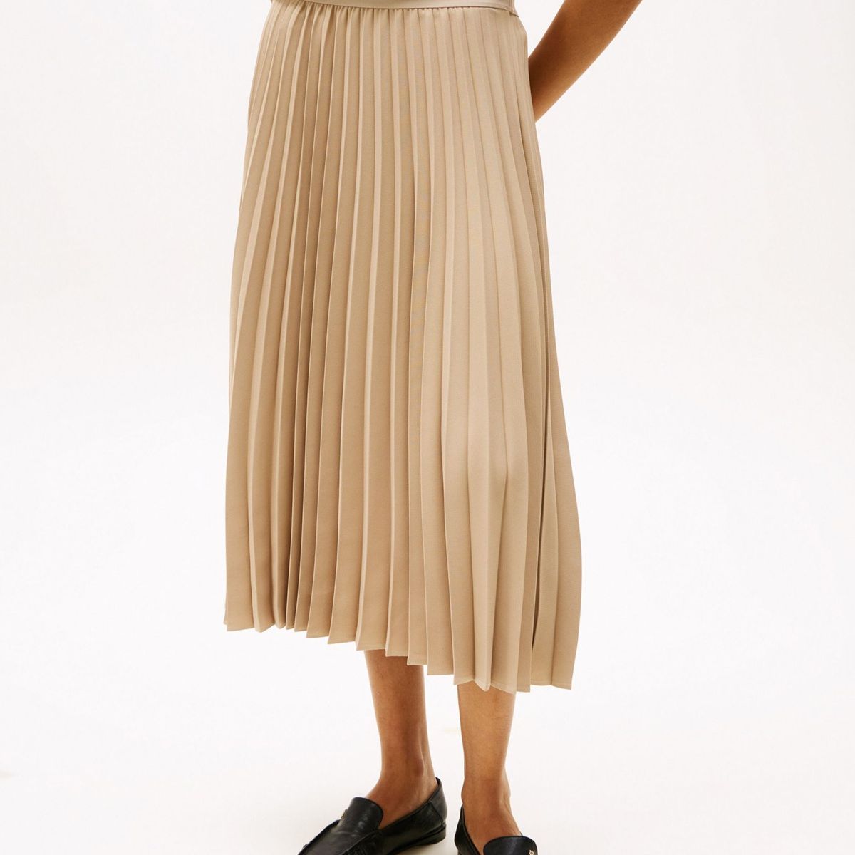 TOMMY HILFIGER - Falda beige midi plisada con logo en cintura Tommy Hilfiger