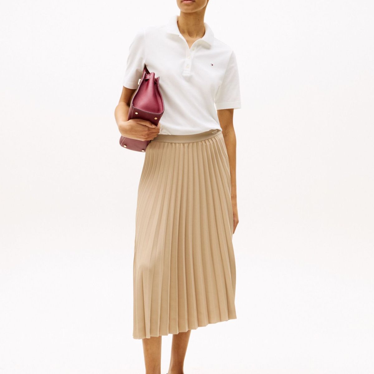 TOMMY HILFIGER - Falda beige midi plisada con logo en cintura Tommy Hilfiger