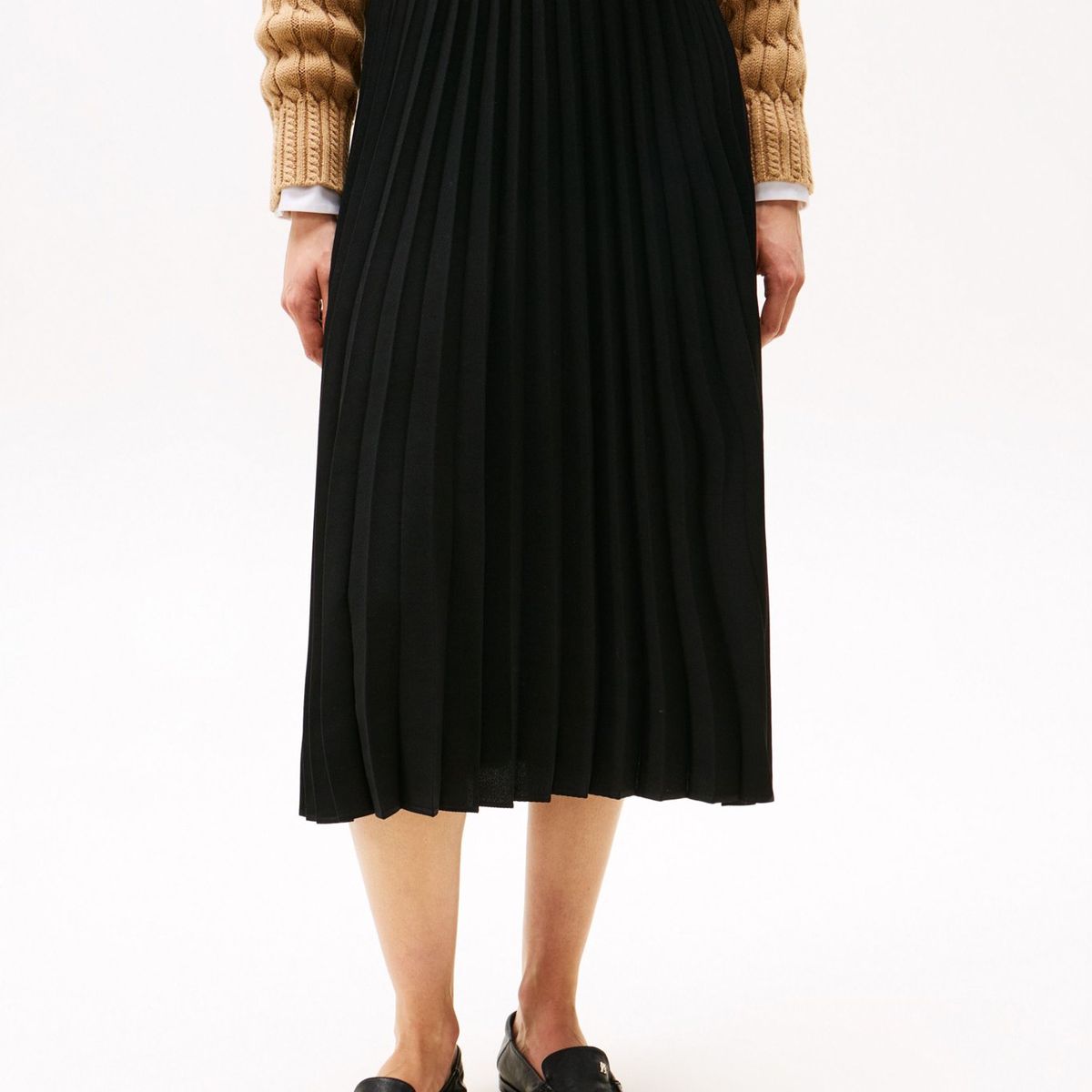 TOMMY HILFIGER - Falda negro midi plisada con logo en cintura Tommy Hilfiger