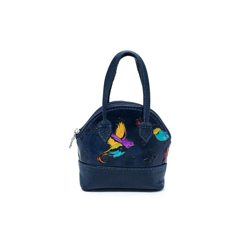 MACOLY - Monedero cuero tala azul manija Pajaros