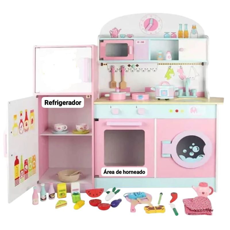 GENERICO - Cocina Infantil Madera + Nevera + Set Loza + Nevera + Horno