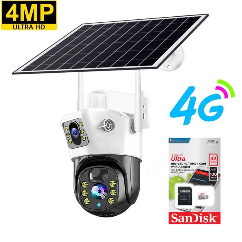 GENERICO - Camara Doble Lente Exterior Solar Simcard 4g Resiste Agua + Memoria Micro SD 32 Gb