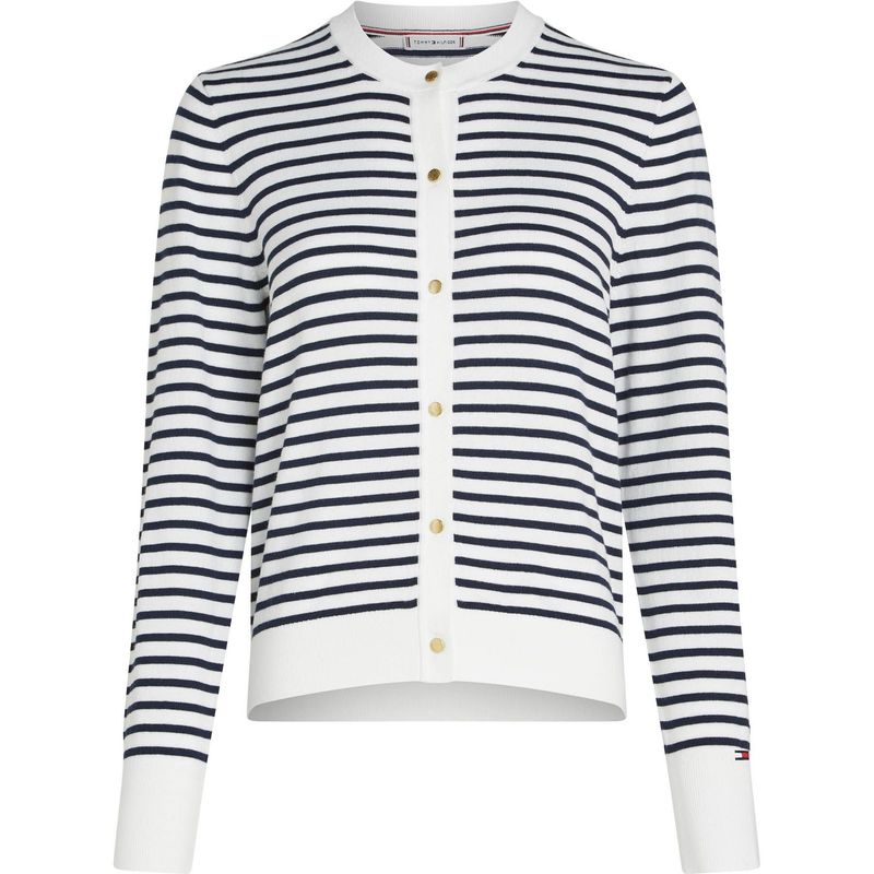 TOMMY HILFIGER - Cárdigan blanco de rayas con logo Tommy Hilfiger