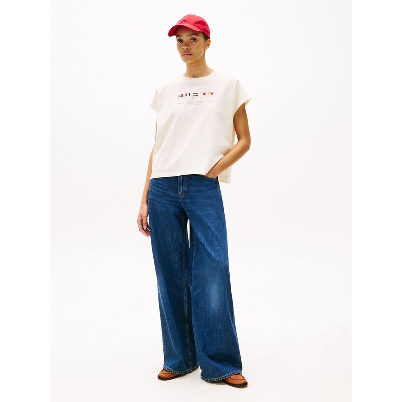 TOMMY HILFIGER - Camiseta Beige Amplia Con Banderas Bordadas Tommy Hilfiger