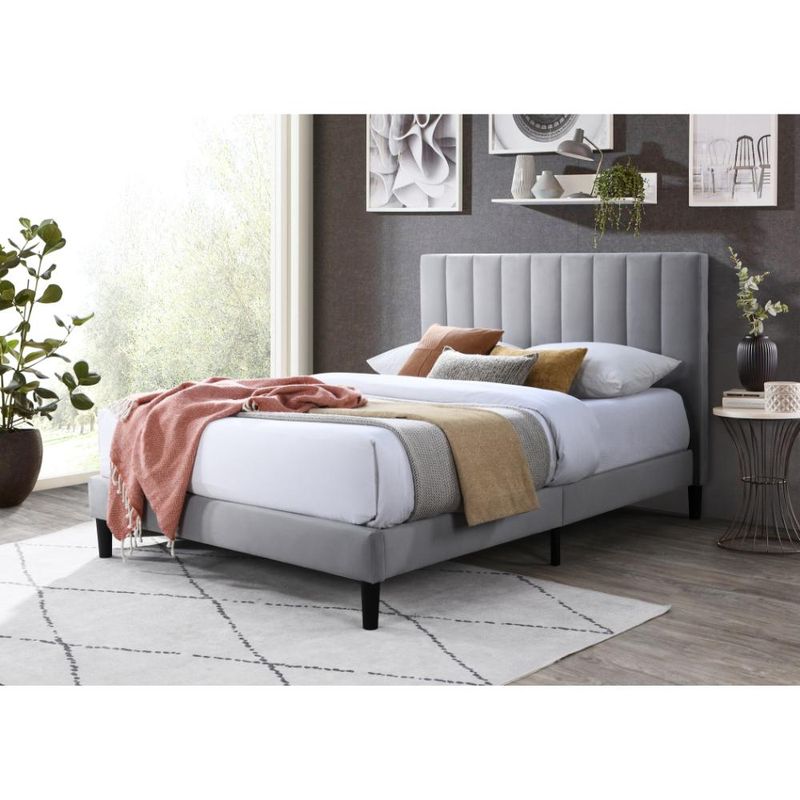 GENERICO - Cama Doble Lisa Gris Claro madera roble tapizada