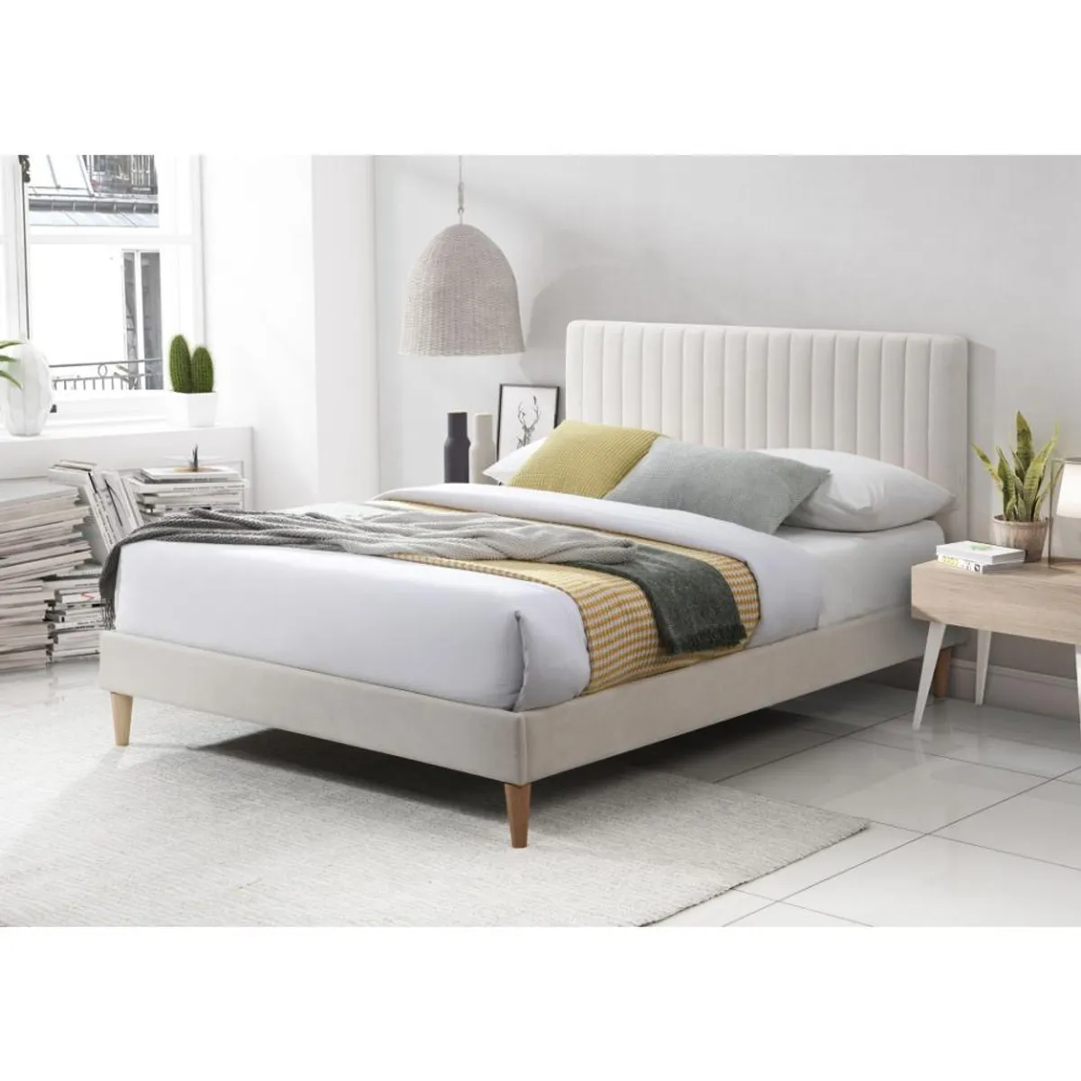 RTA DESIGN - Cama Doble Tania Gris Crema madera roble tapizada