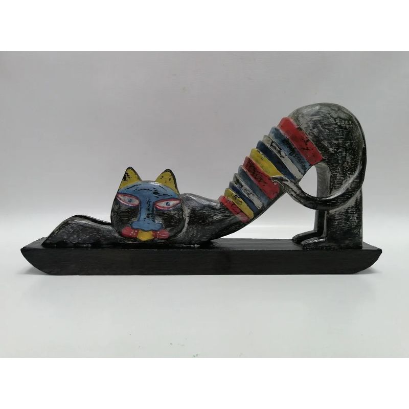 GENERICO - Escultura De Mesa Gato Tailandesa 1940 En Cedro Y Óleo
