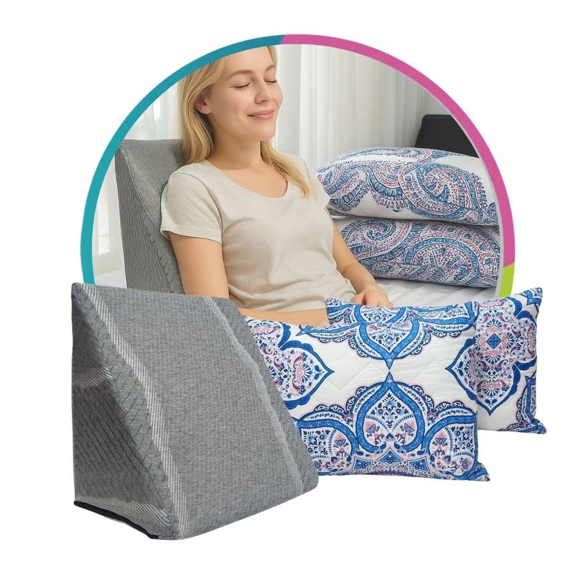 HOGARETO - Cojín Triangular Ergonómico + 2 Almohadas Estampadas 65x45 cm