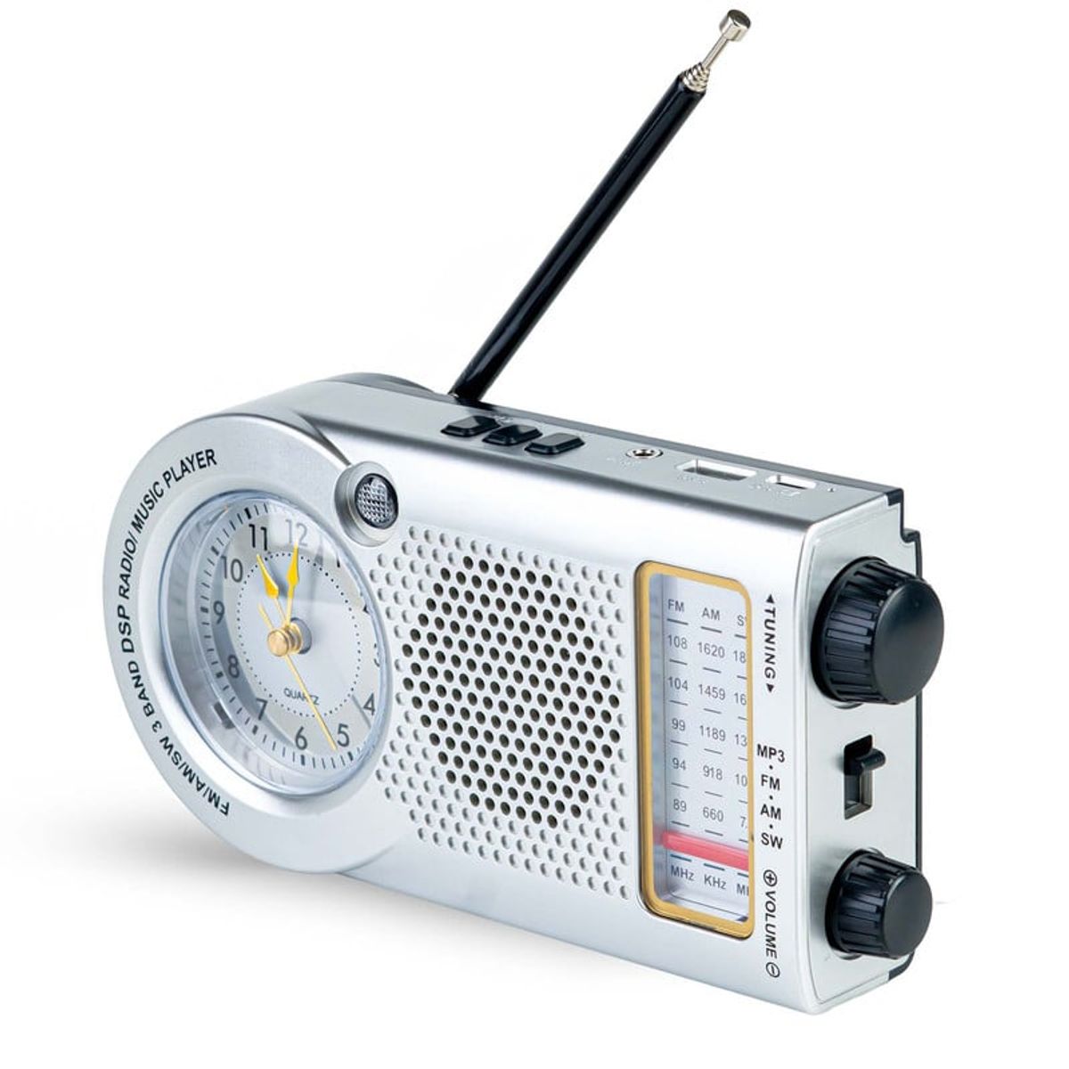 ENERGY PLUS - Radio AMFMSW Largo Alcance con Reloj Antena Bluetooth USB Gris