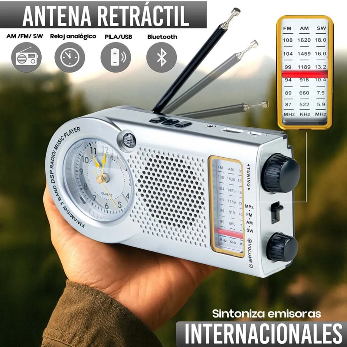 ENERGY PLUS - Radio AMFMSW Largo Alcance con Reloj Antena Bluetooth USB Gris