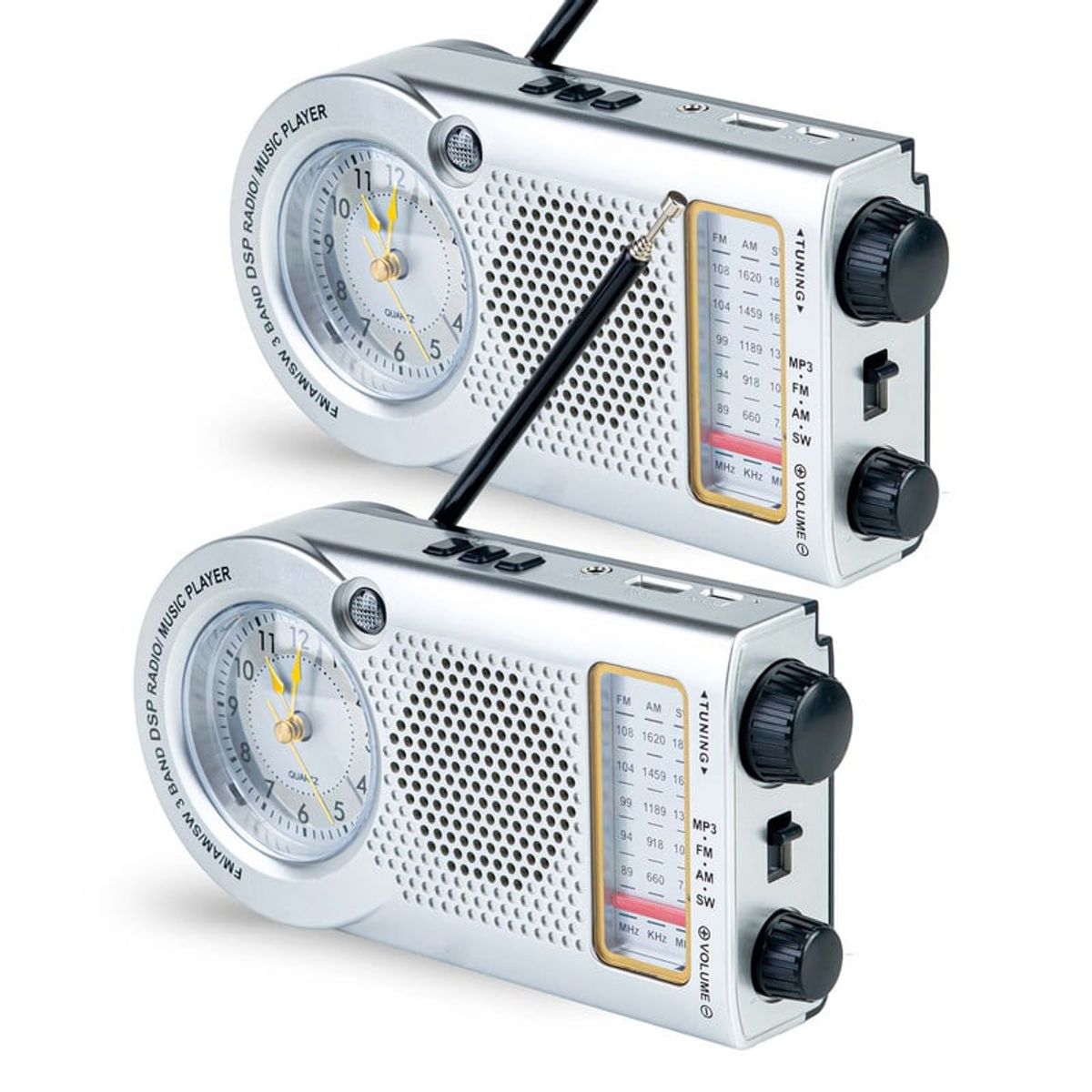 ENERGY PLUS - Set x2 Radio AMFMSW Largo Alcance con Reloj Bluetooth USB Gris