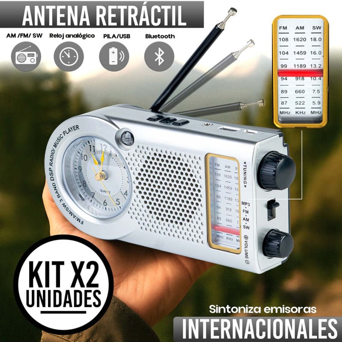 ENERGY PLUS - Set x2 Radio AMFMSW Largo Alcance con Reloj Bluetooth USB Gris
