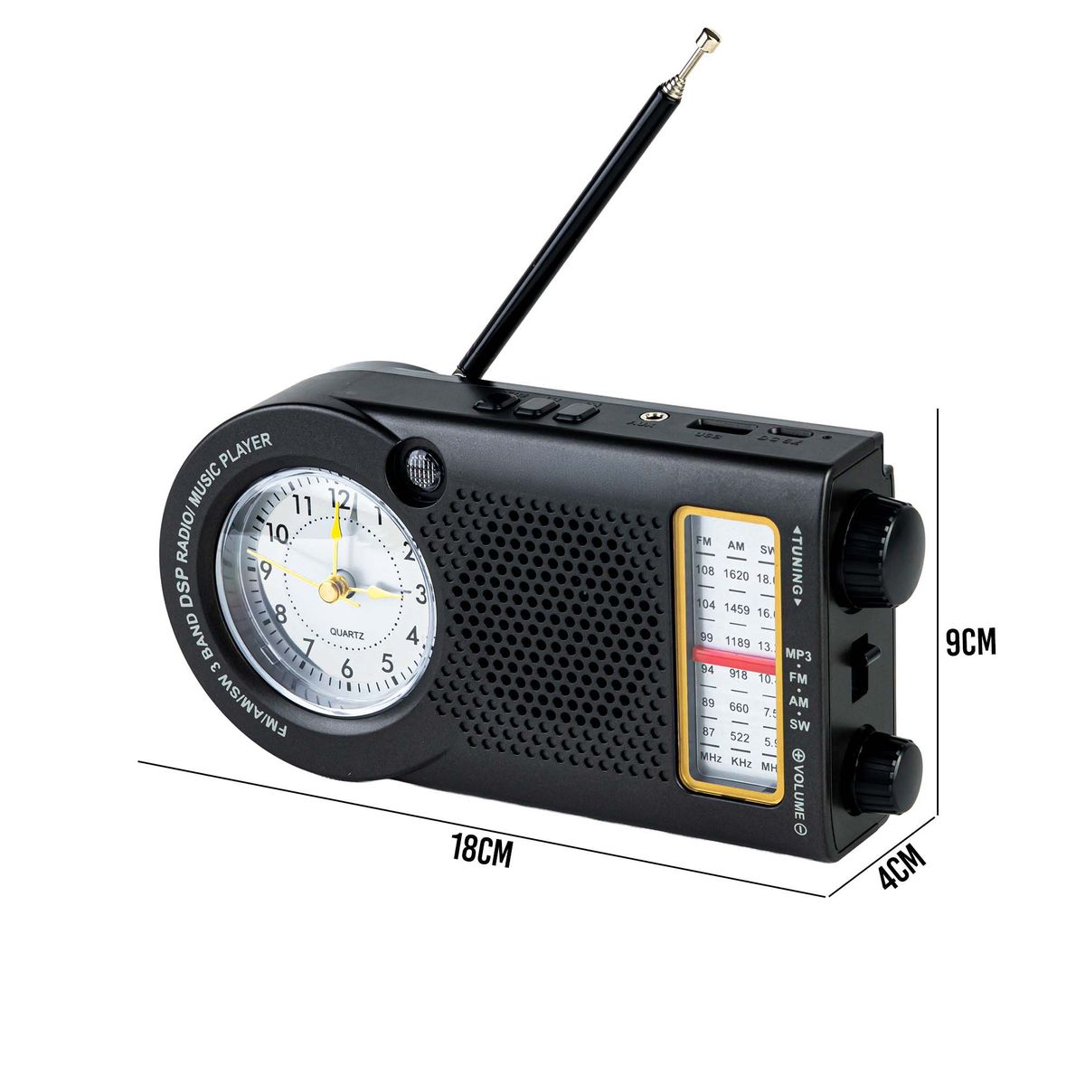 ENERGY PLUS - Radio AMFMSW Largo Alcance con Reloj Antena Bluetooth USB Negro