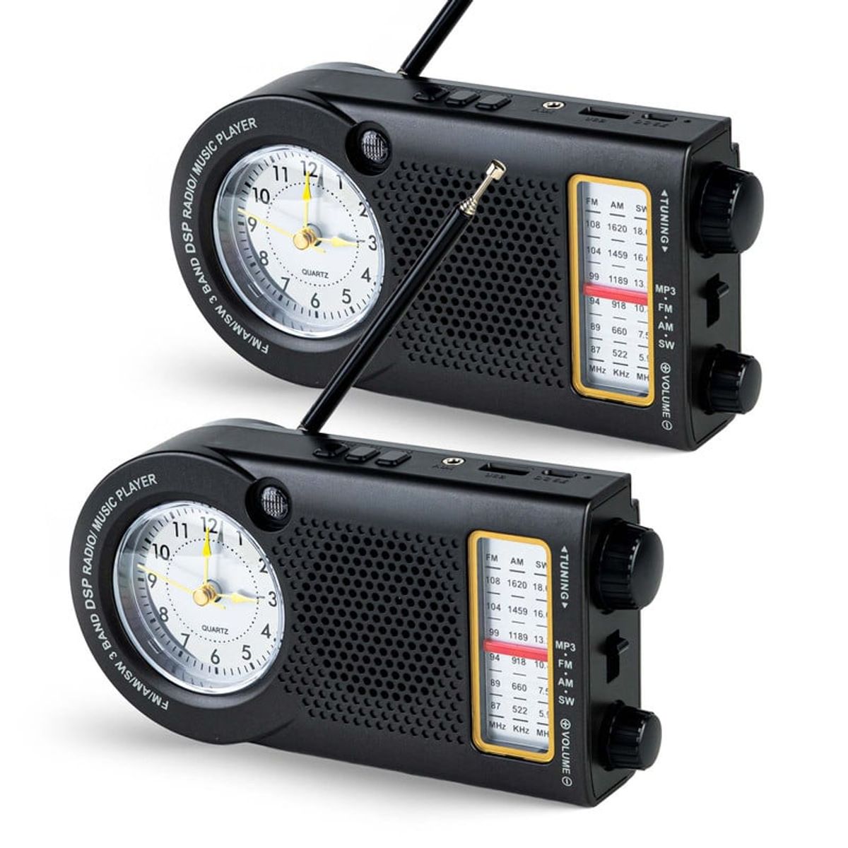 ENERGY PLUS - Set x2 Radio AMFMSW Largo Alcance con Reloj Bluetooth USB Negro