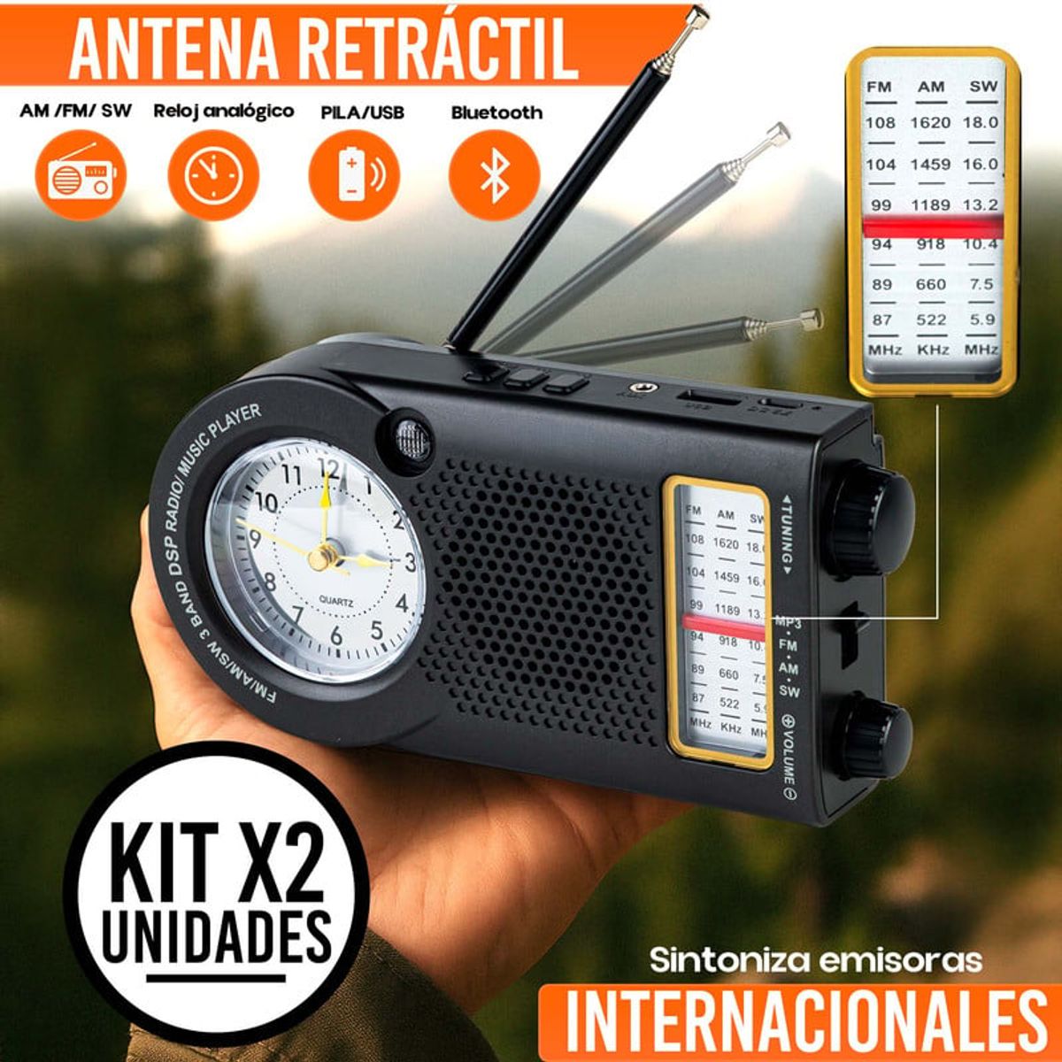 ENERGY PLUS - Set x2 Radio AMFMSW Largo Alcance con Reloj Bluetooth USB Negro