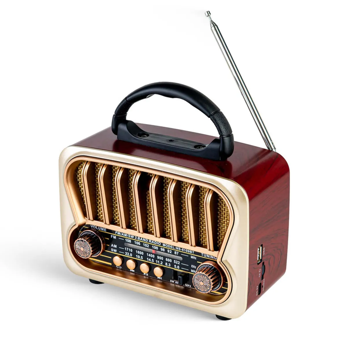 ENERGY PLUS - Radio Vintage AMFMSW con Bluetooth USB y Recargable MP3 Madera Nogal