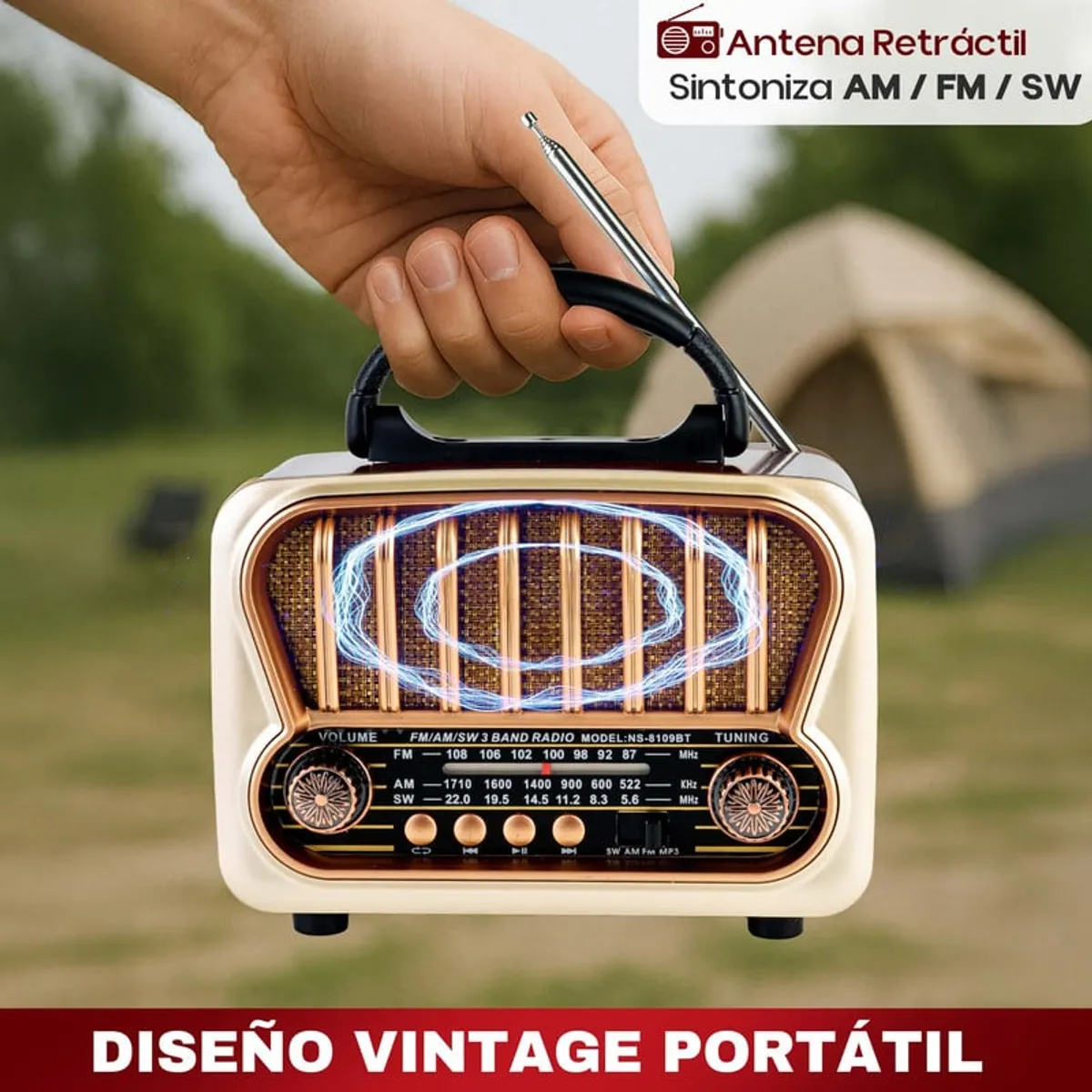 ENERGY PLUS - Radio Vintage AMFMSW con Bluetooth USB y Recargable MP3 Madera Nogal