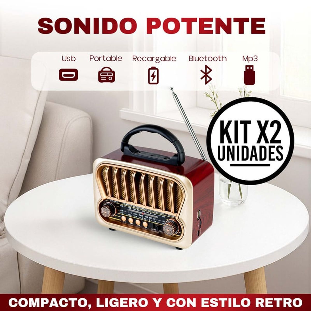 ENERGY PLUS - Set x2 Radio Vintage AMFMSW con Bluetooth USB Recargable Madera Nogal