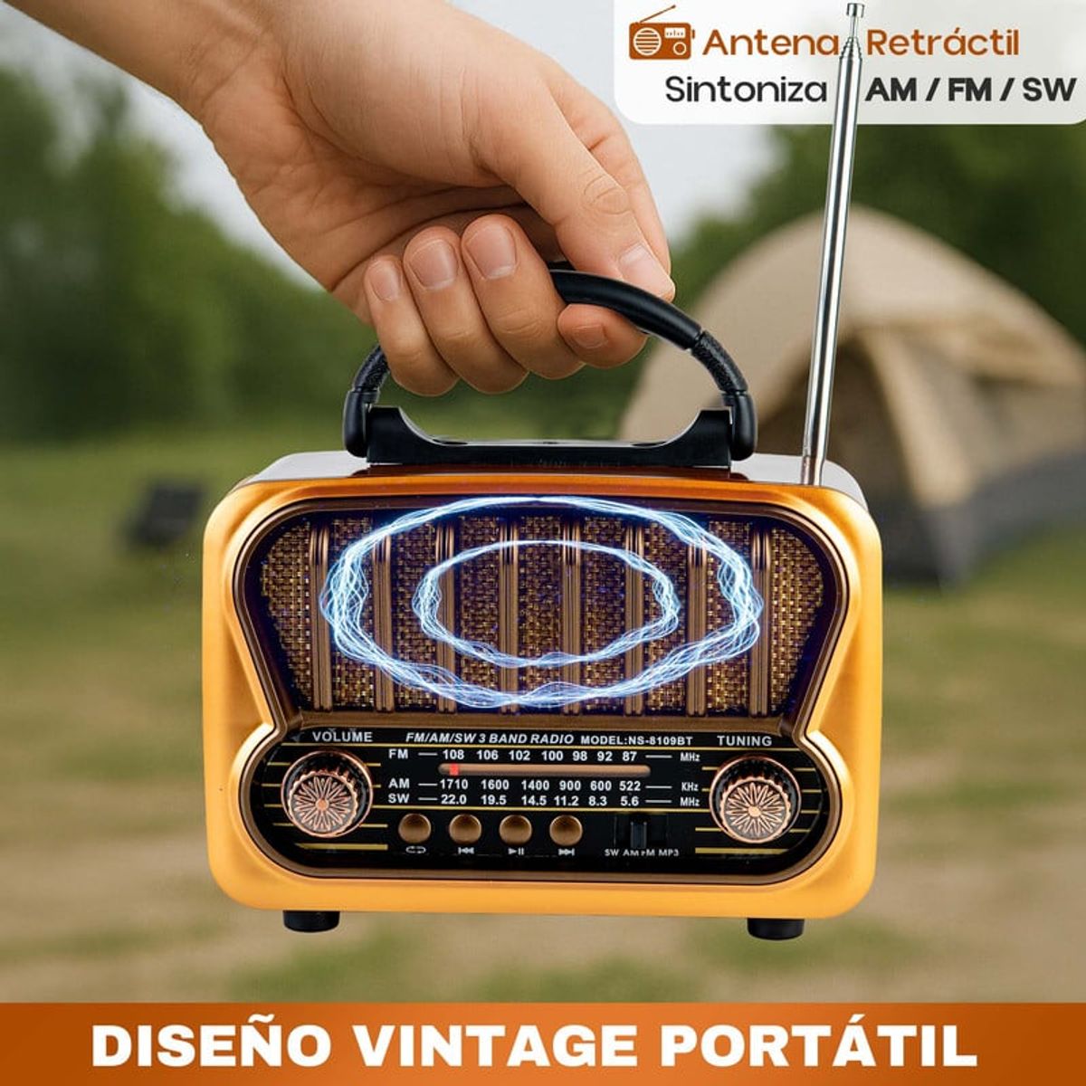 ENERGY PLUS - Radio Vintage AMFMSW con Bluetooth USB y Recargable MP3 Rojo Caoba