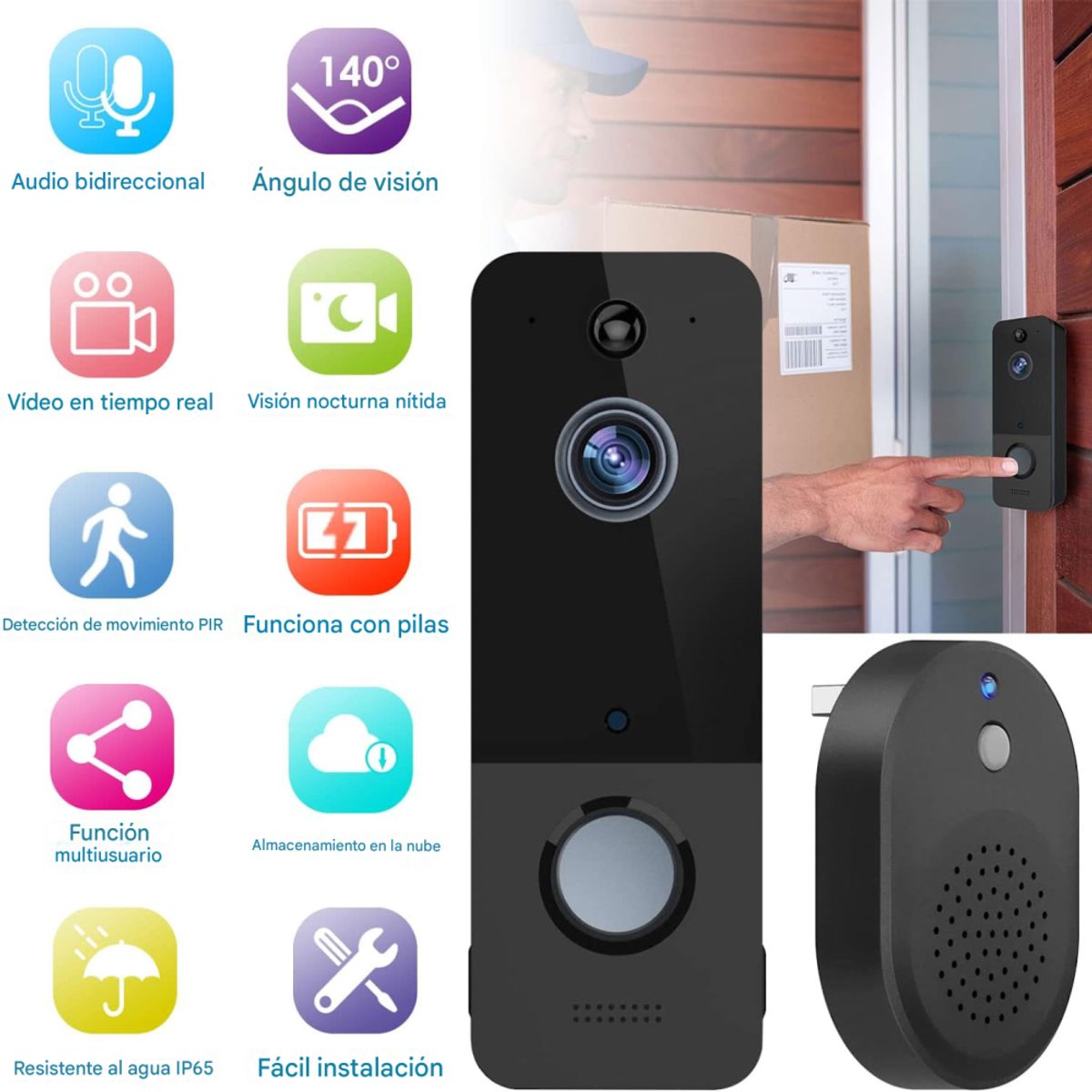 GENERICO - Kit Video Portero Impermeable Recargable Timbre Wifi U8